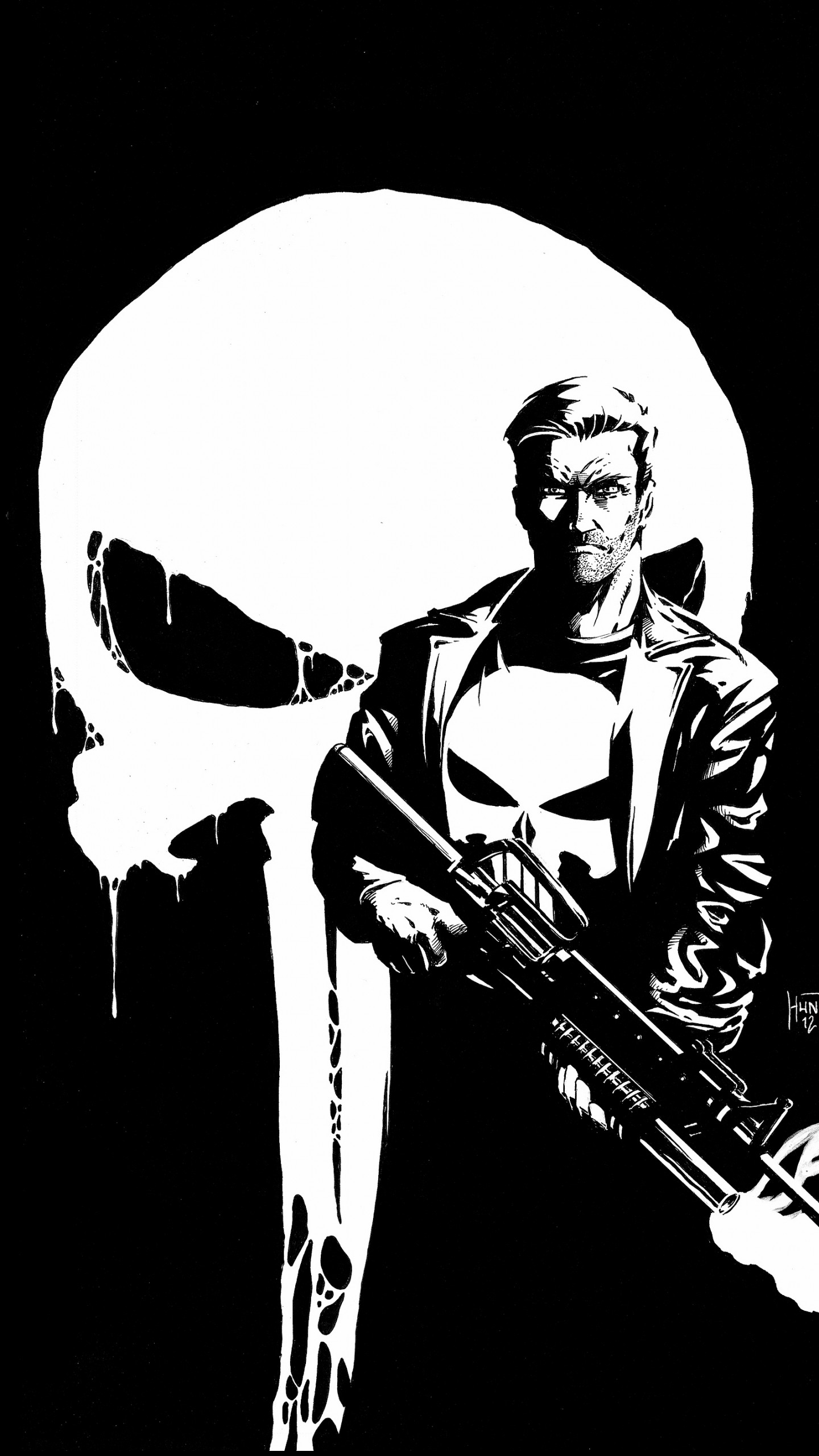 Frank Castle, Teschio del Punitore, The Punisher, Fucile, Bianco e nero, sfondo per iPhone