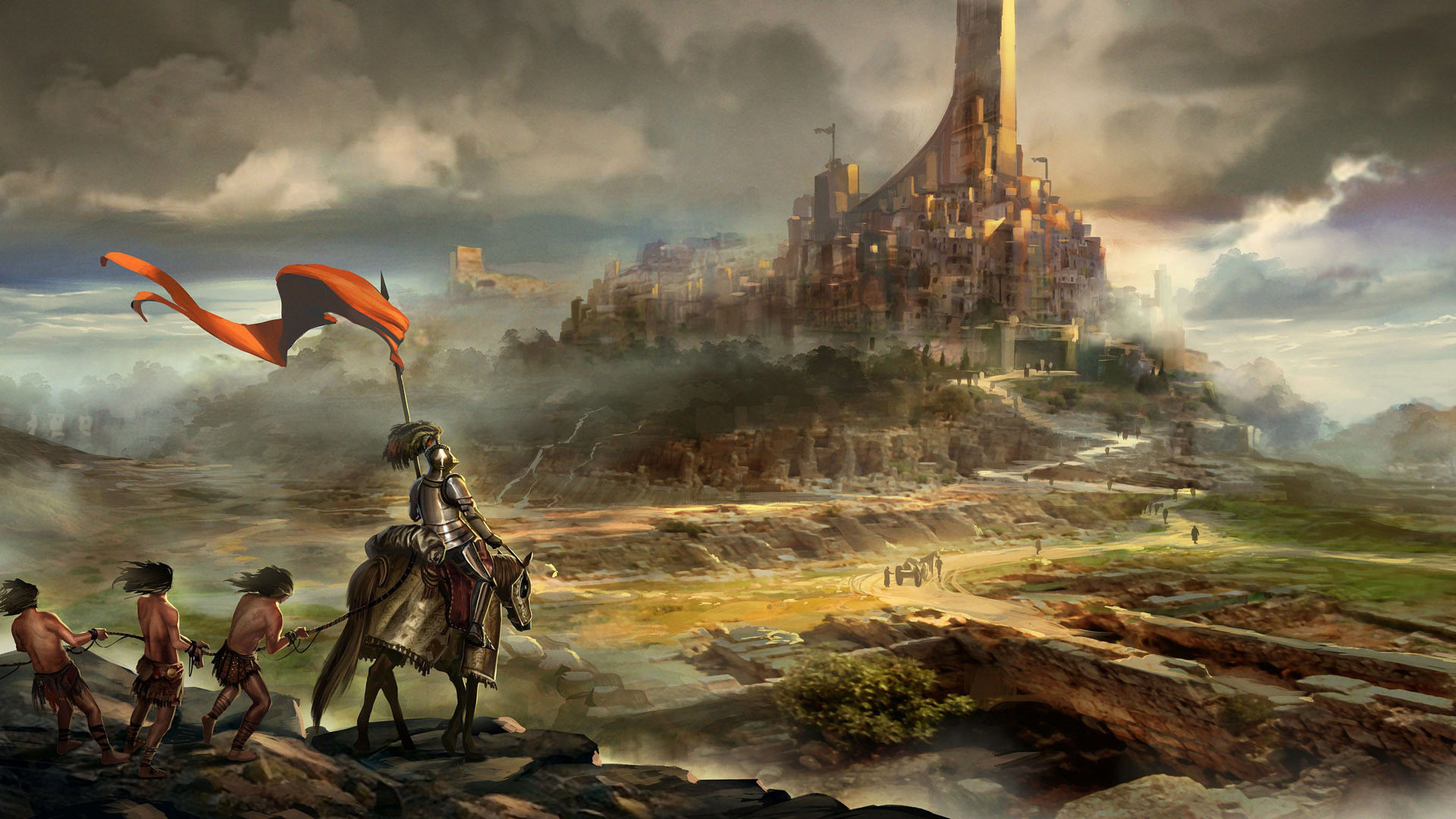 Castello, Cavaliere a cavallo, Fantasy, Vessillo, Paesaggio, Full HD 1080p, sfondo desktop