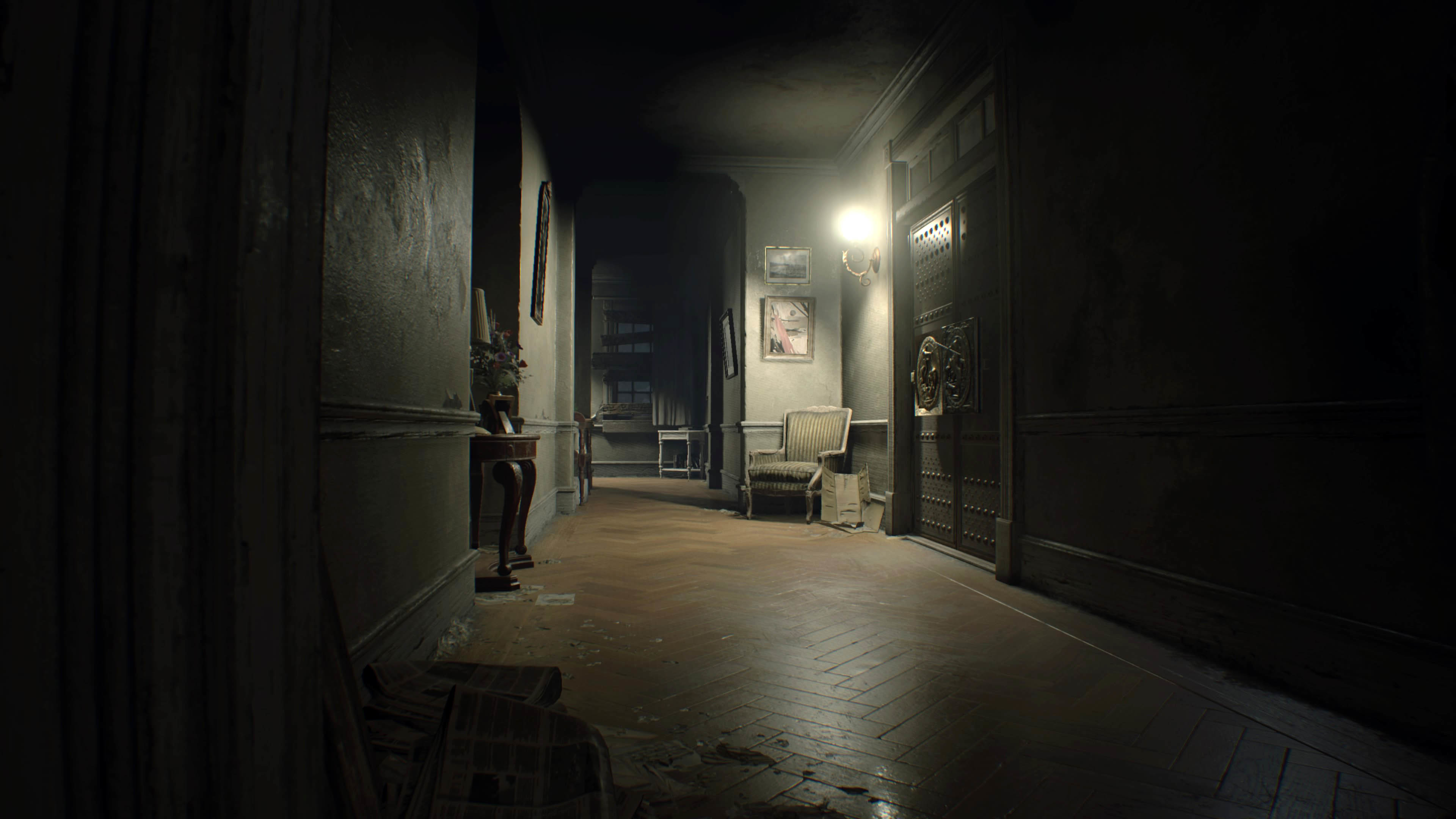 Resident Evil 7: Biohazard, Corridoio, Buio, Horror, Prima persona, sfondo 4K per PC