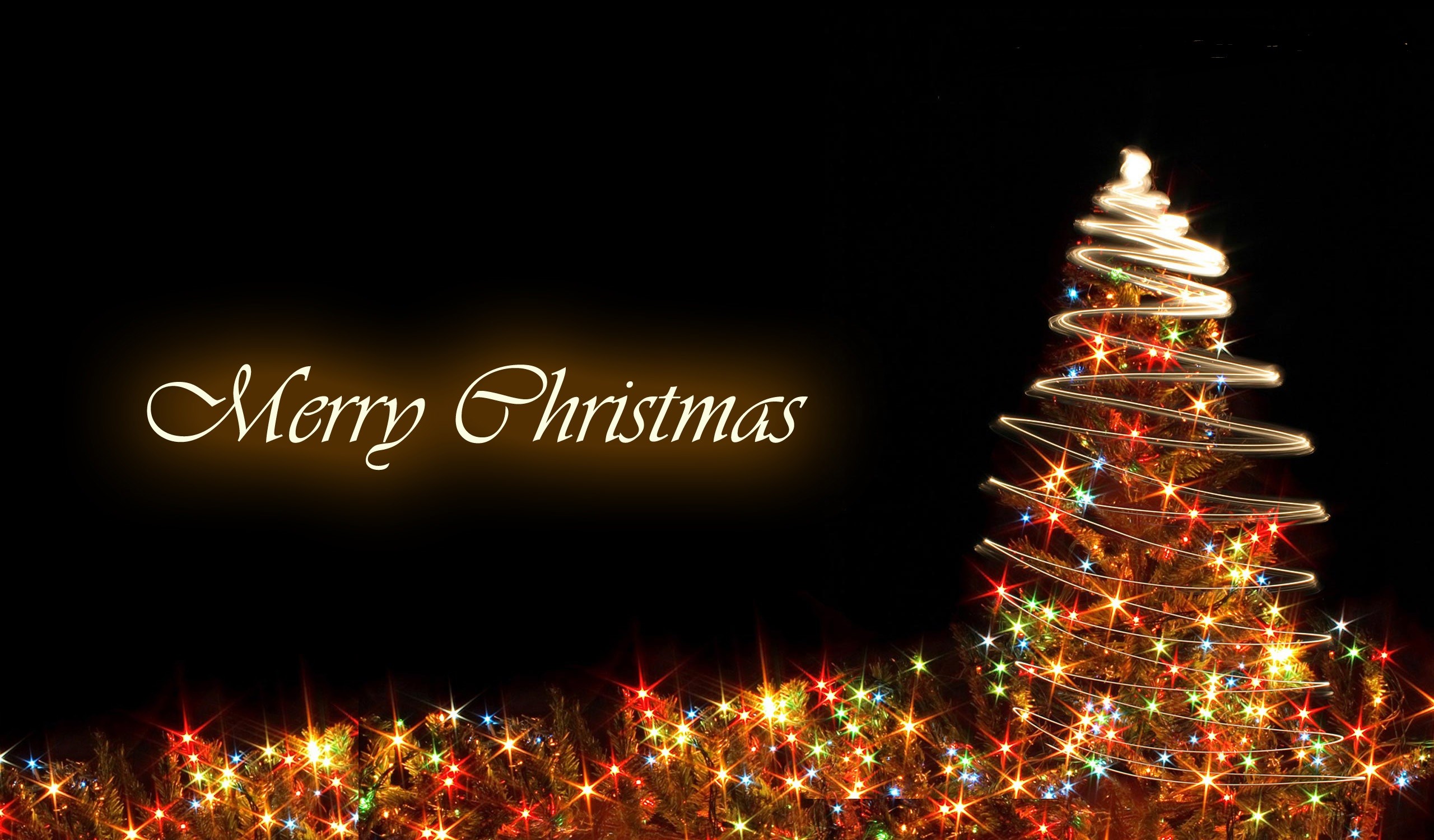 Merry Christmas, Natale, Albero di luci, Sfondo nero, 2K, wallpaper per computer