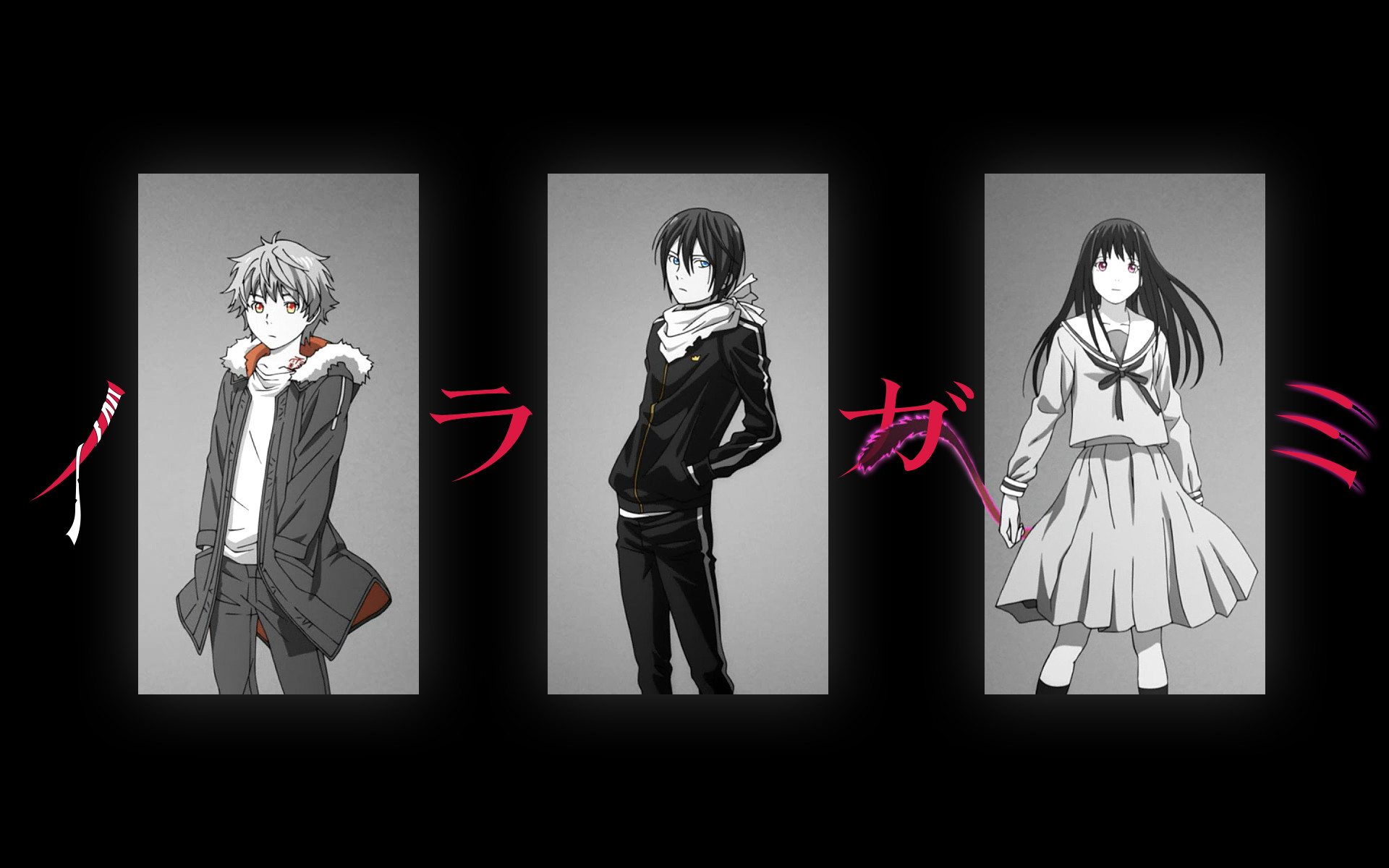 Yukine, Yato, Hiyori Iki, Noragami, Logo, Sfondo nero, 16:10 Full HD, wallpaper widescreen