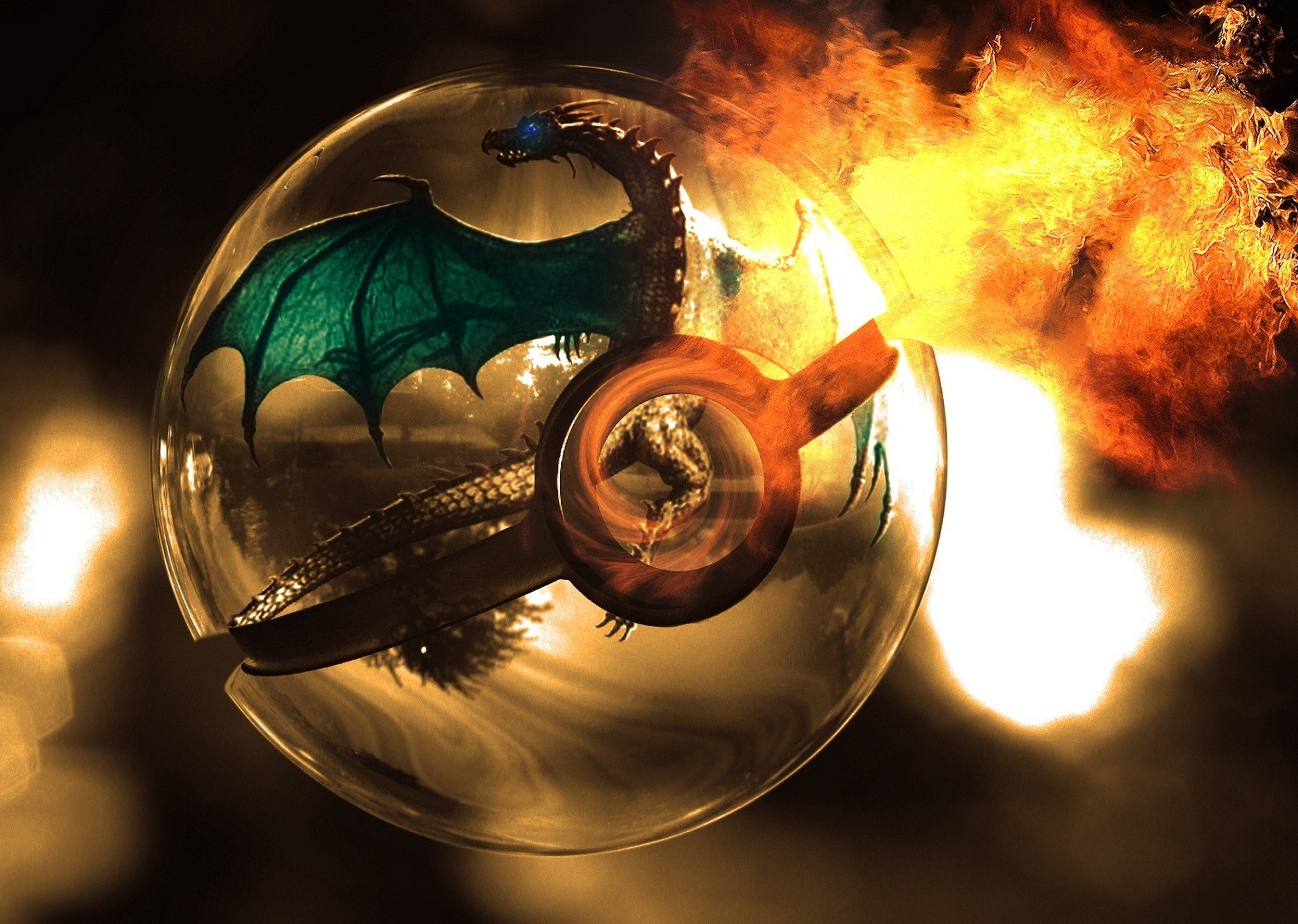 Poké Ball, Charizard, Pokémon, Sfera di vetro, Fiamme, Full HD, sfondo Windows 11