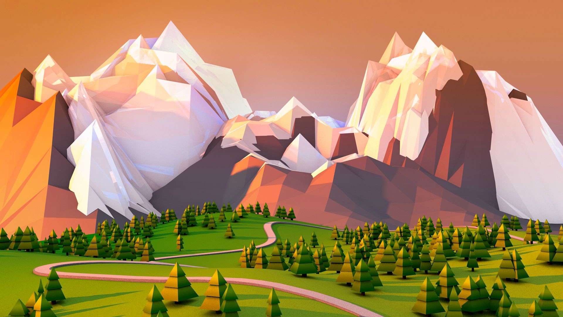 Low poly, Montagne innevate, Foresta, Sentiero, Full HD 1080p, sfondo desktop