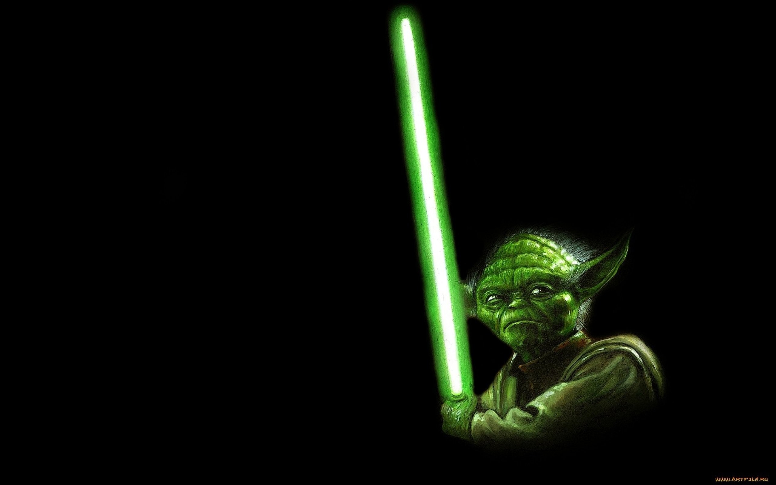 Yoda, Spada laser verde, Sfondo nero, 2K, wallpaper per portatile