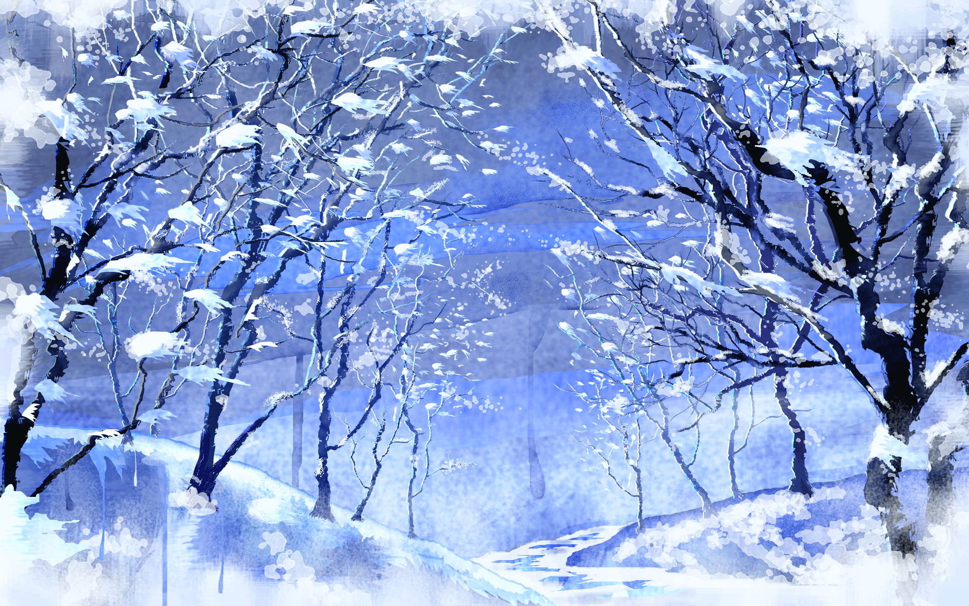 Bosco innevato, Alberi, Azzurro, Neve, Full HD, wallpaper per PC