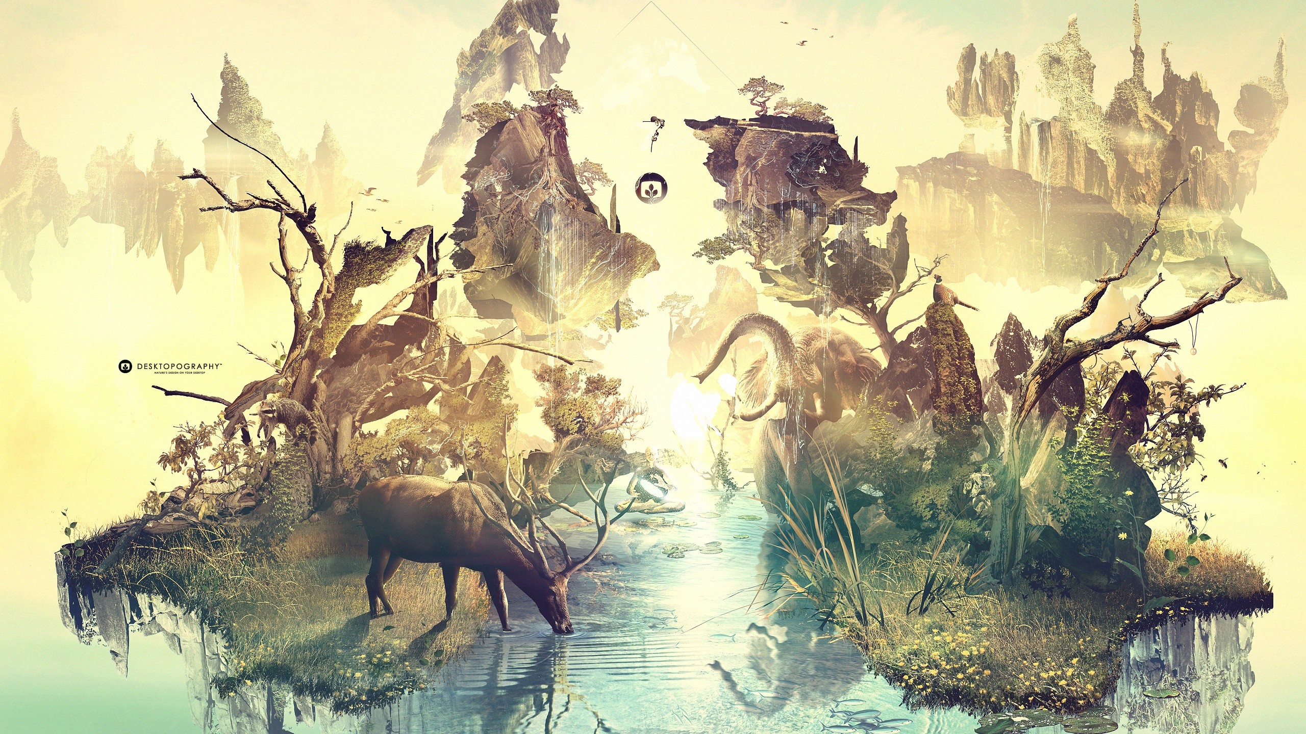 Isola fluttuante, Cervo, Fantasy, Arte digitale, Surreale, 2K 1440p, sfondo desktop