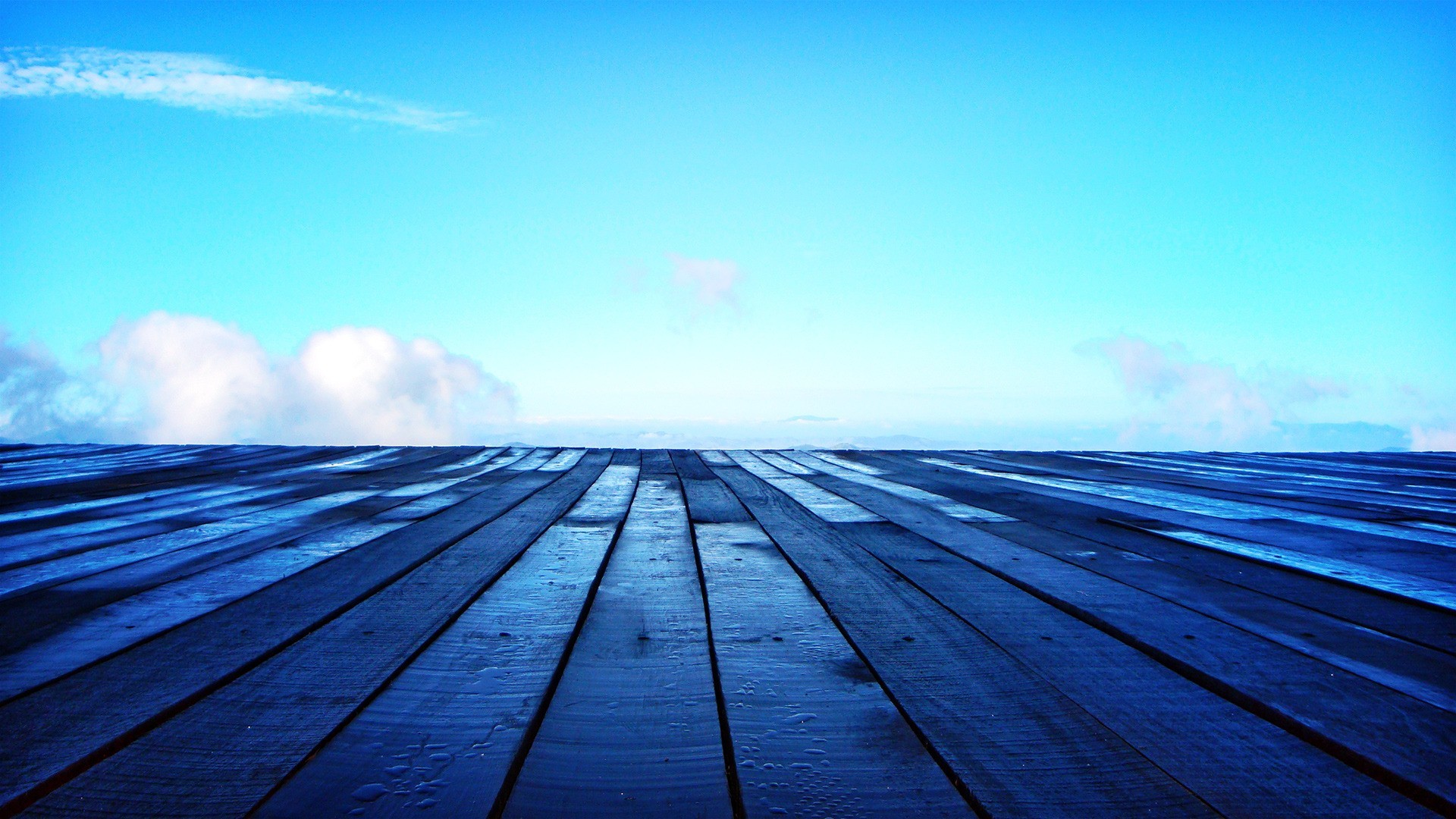 Pontile in legno, Cielo azzurro, Orizzonte, Nuvole, Full HD, sfondo desktop