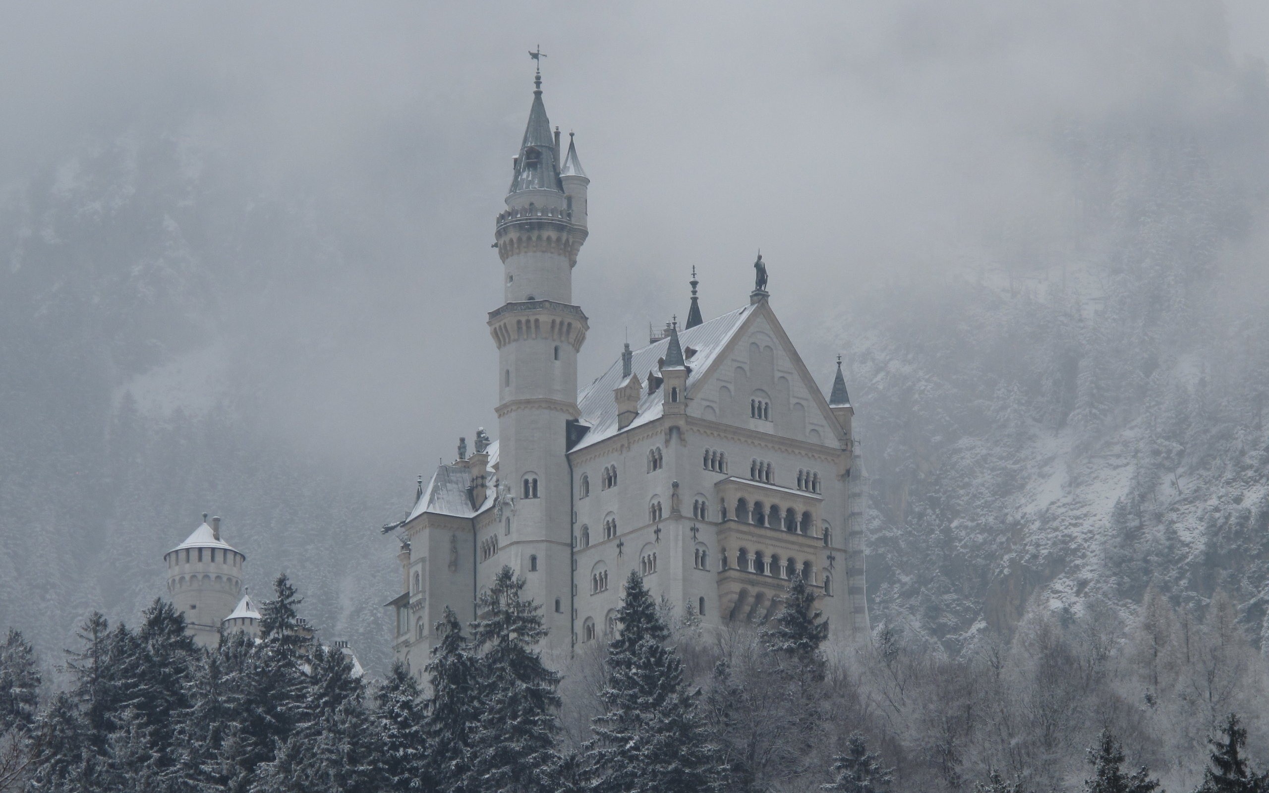Castello di Neuschwanstein, Baviera, Nebbia, Inverno, 16:10 2K, sfondo widescreen