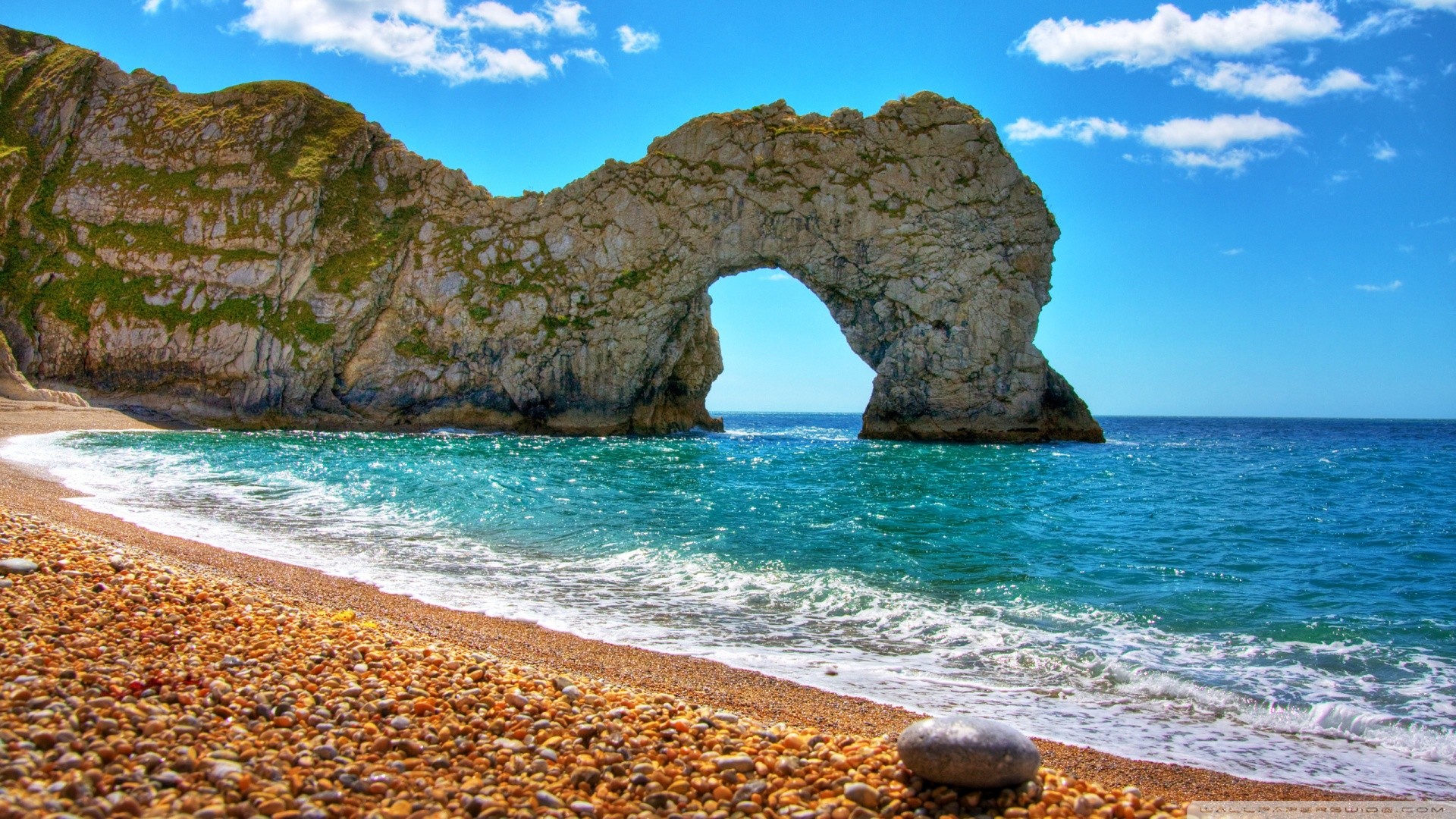 Durdle Door, Dorset, Inghilterra, Arco naturale, Spiaggia di ciottoli, sfondo Full HD per PC