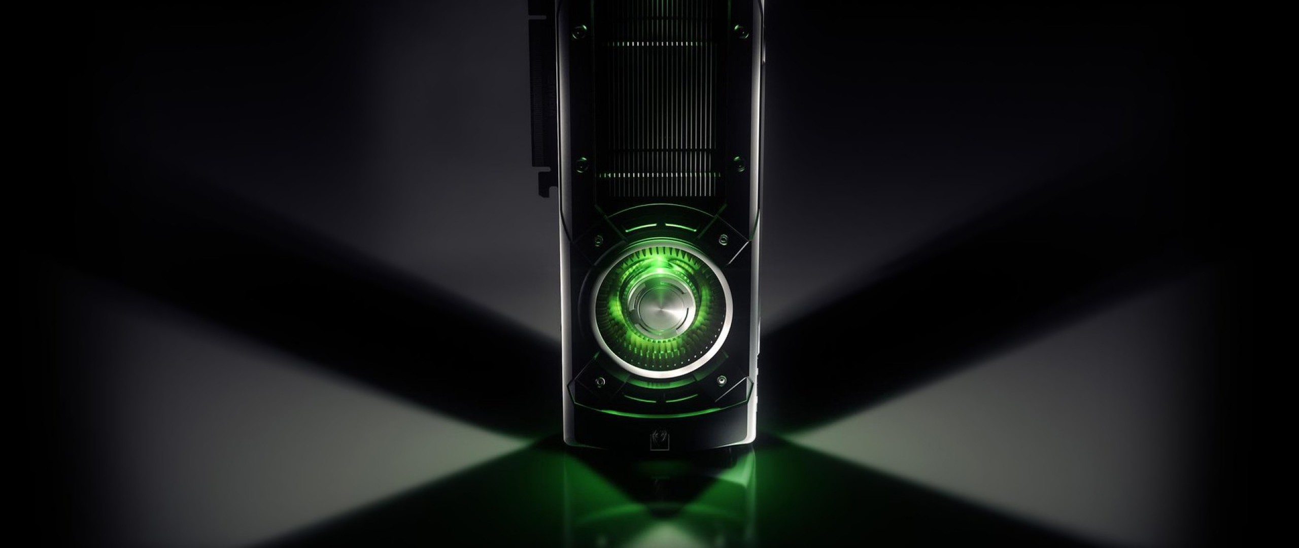 Nvidia GeForce GTX, Scheda video, Ventola, Luce verde, 2560x1080, immagine di sfondo