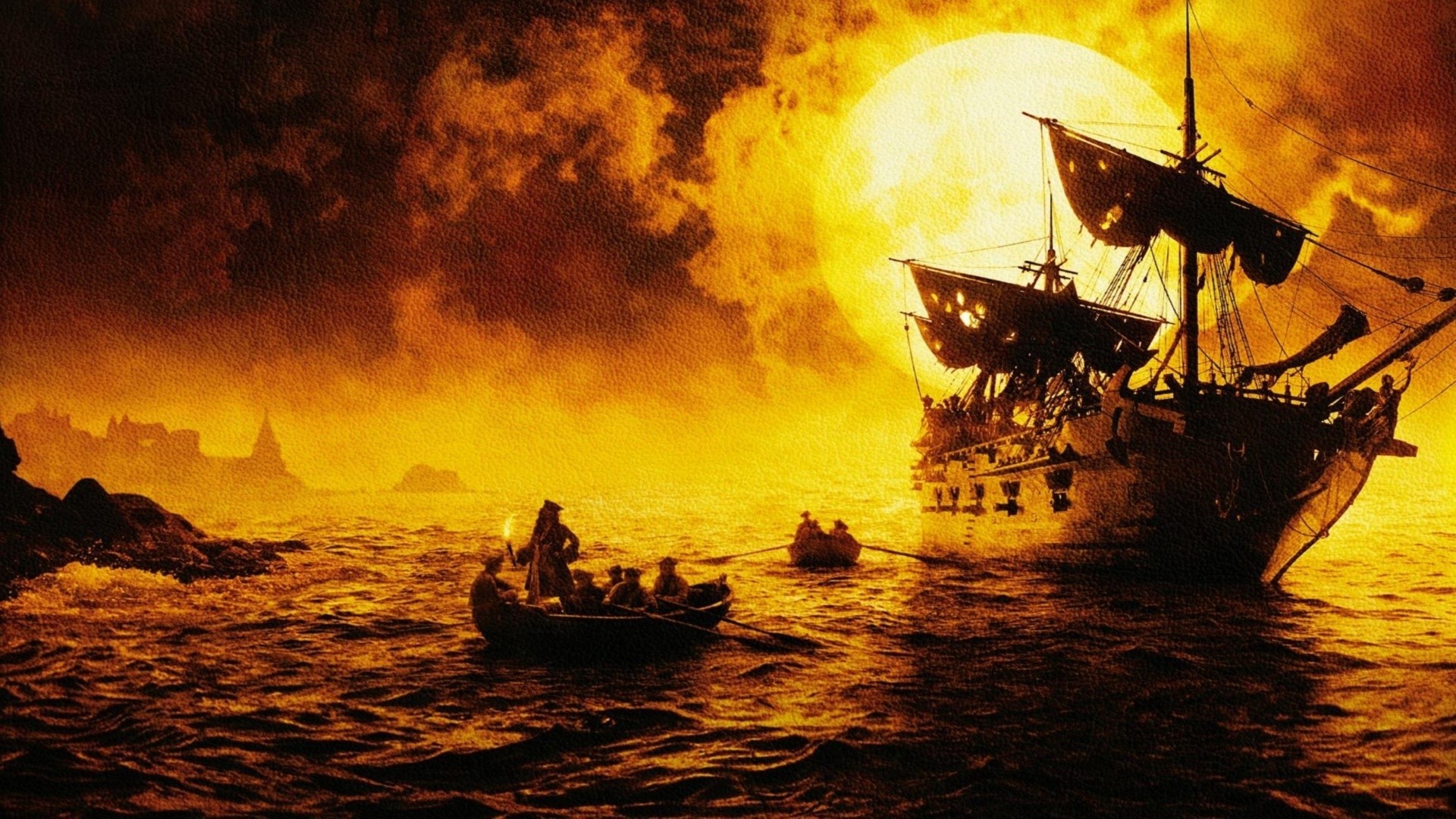 Nave pirata, Scialuppe, Tramonto, Mare, Full HD, sfondo Windows 11