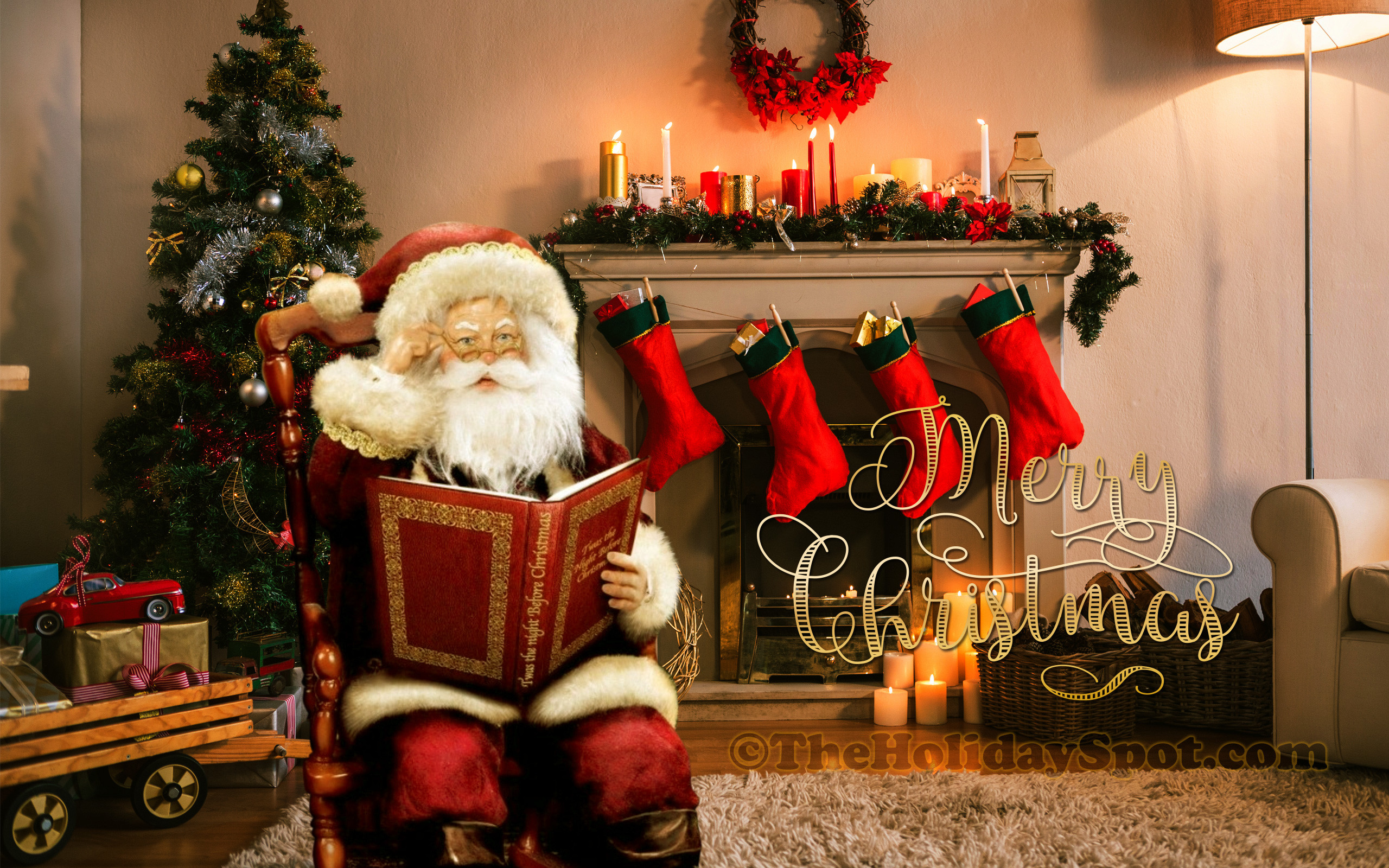 Babbo Natale, Camino, Calze di Natale, Albero di Natale, Libro, 16:10 2K, wallpaper widescreen