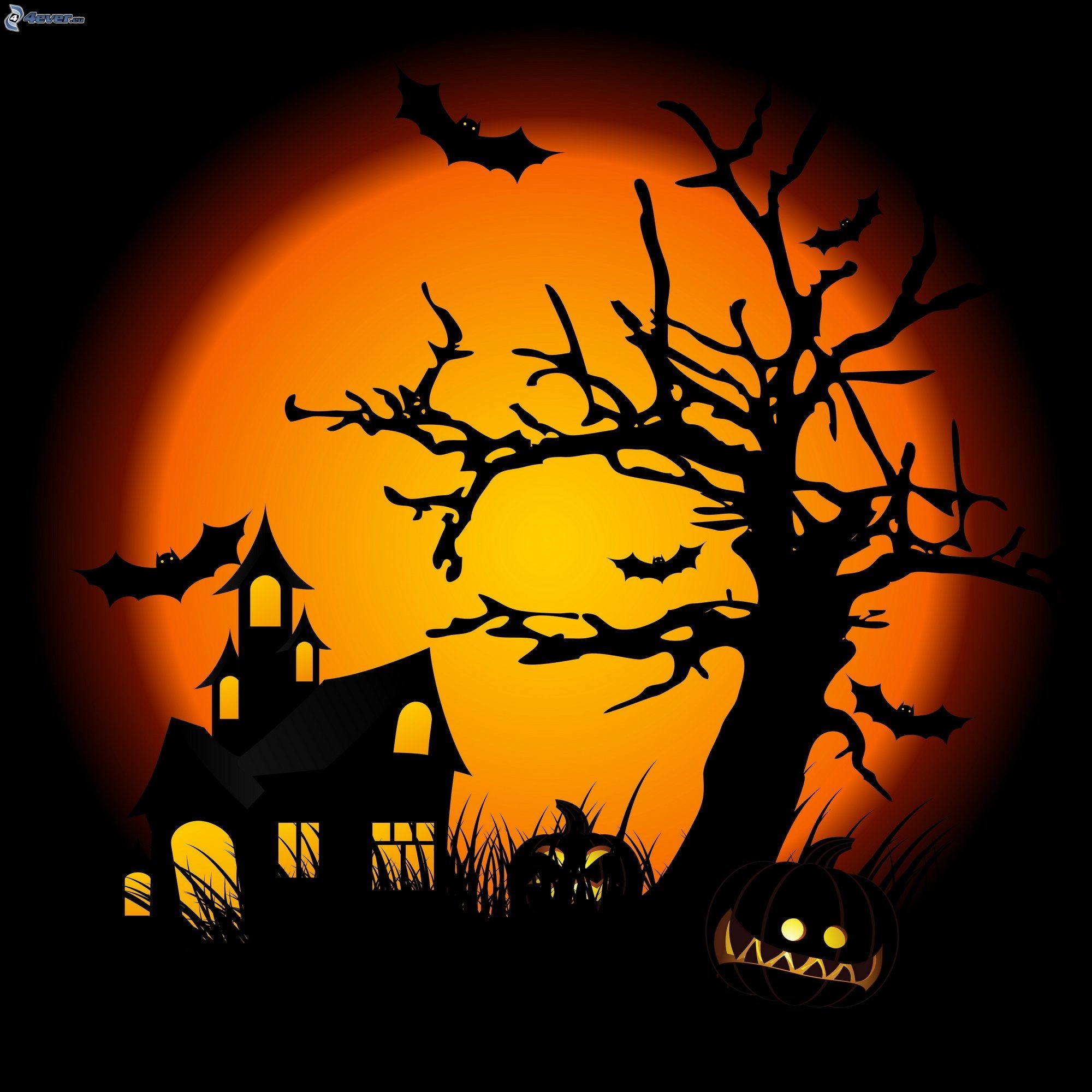 Luna piena, Albero spoglio, Casa stregata, Pipistrelli, sfondo per iPad e tablet