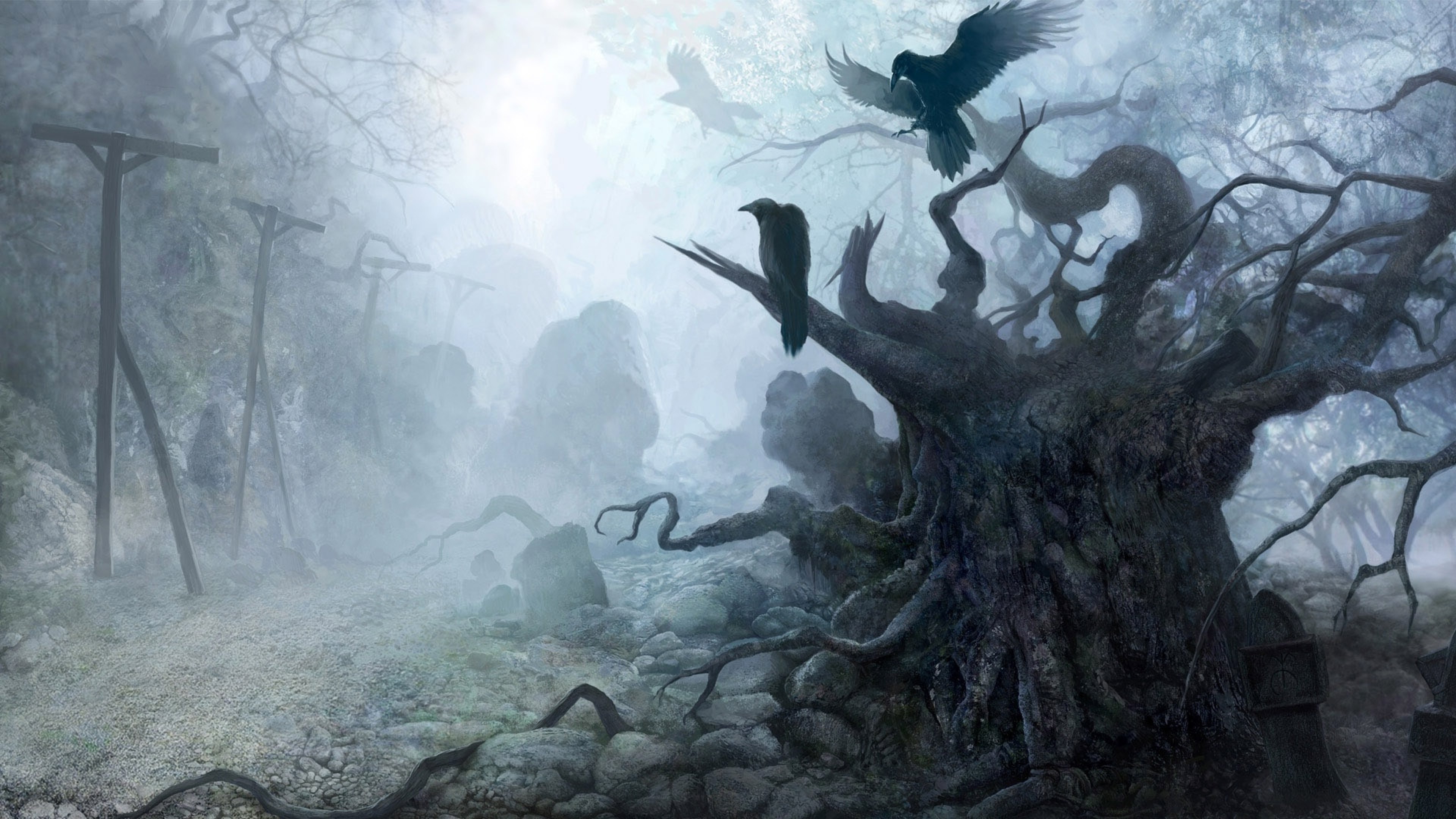 Albero morto, Corvi, Nebbia, Arte dark, 3840x2160, sfondo per PC