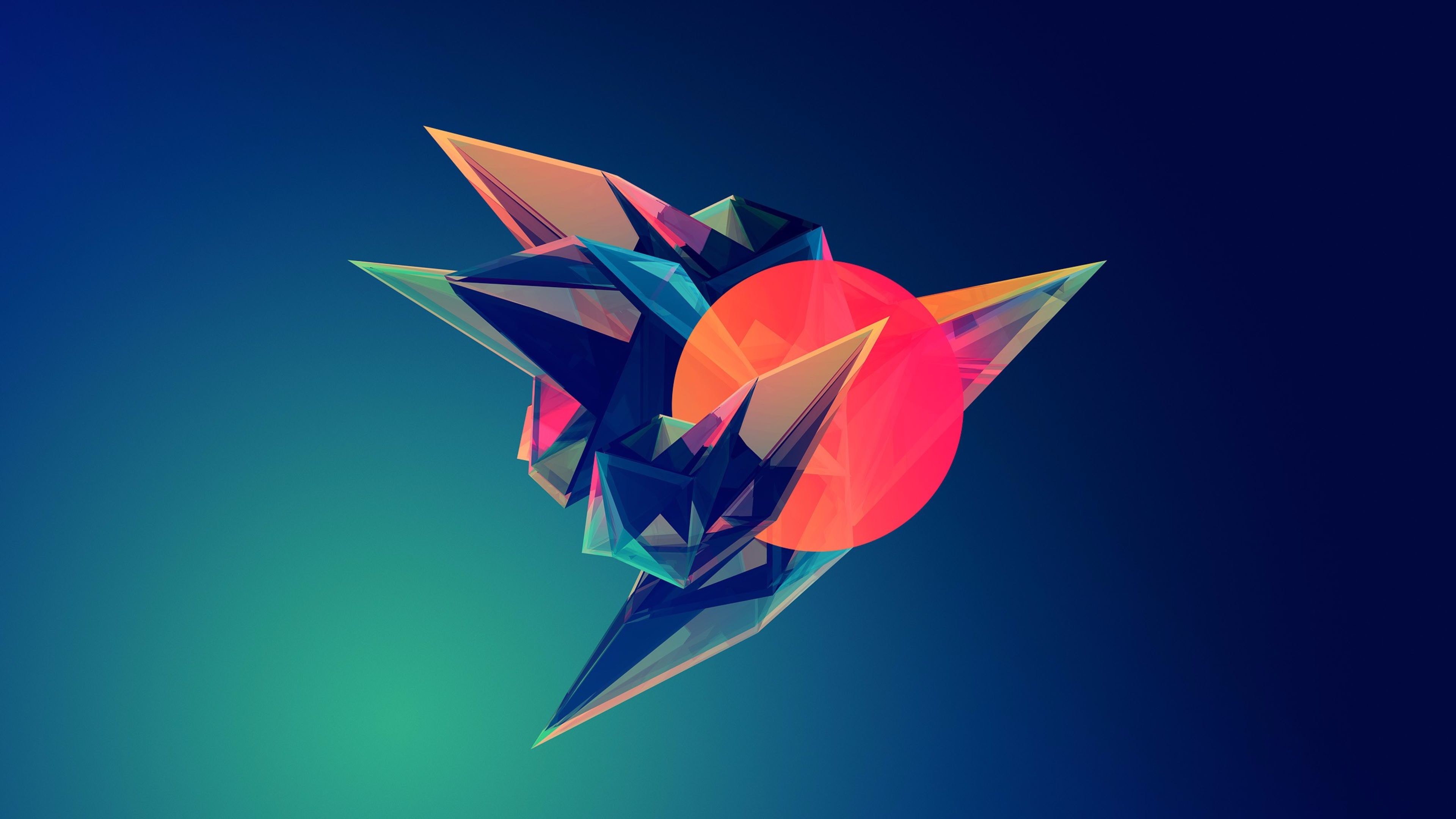 Astratto, Low poly, Forme 3D, Cerchio rosso, Sfondo verde acqua, 4K Ultra HD