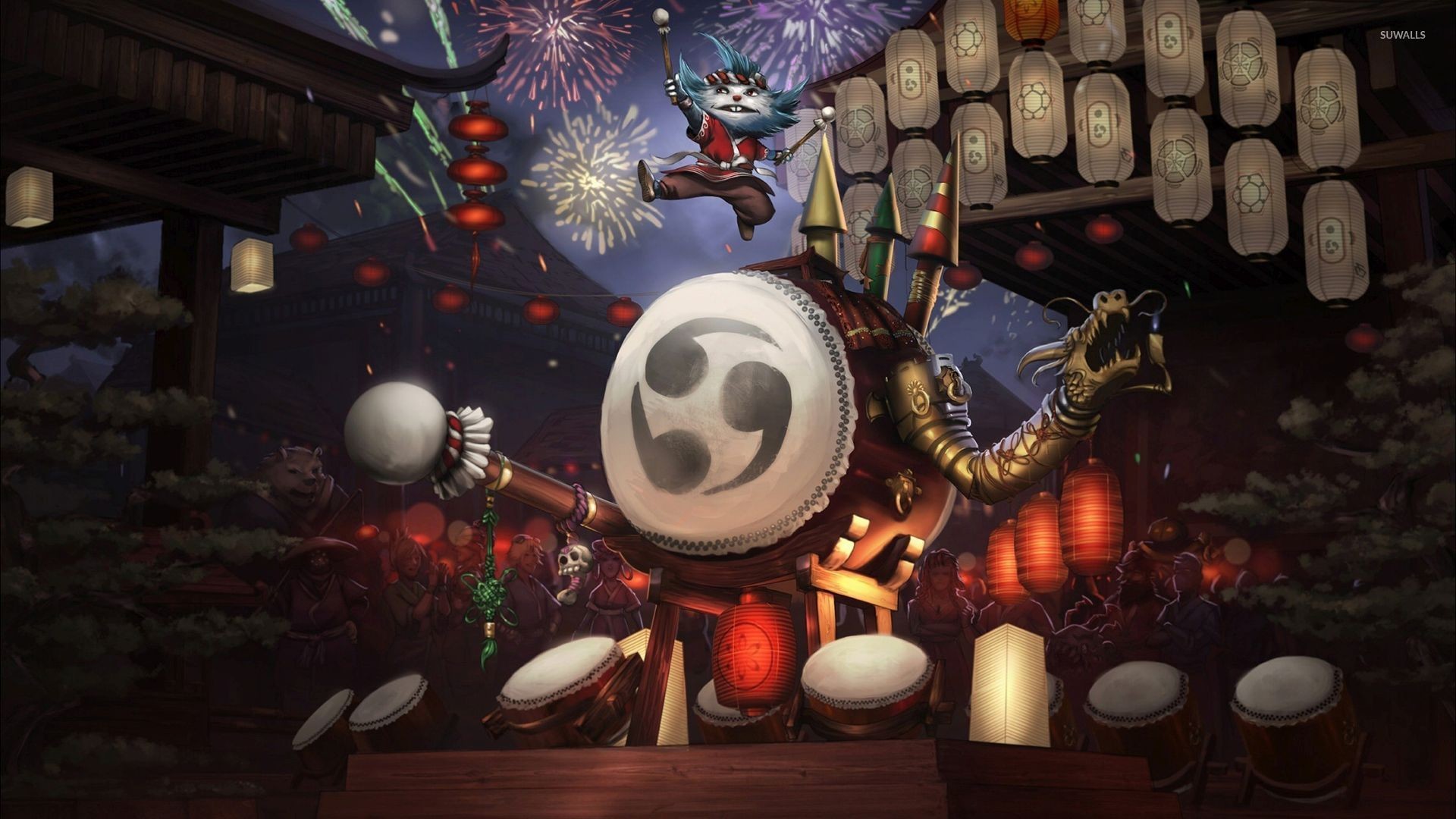 Tristana, League of Legends, Festa delle lanterne, Tamburo, Fuochi d'artificio, wallpaper Full HD
