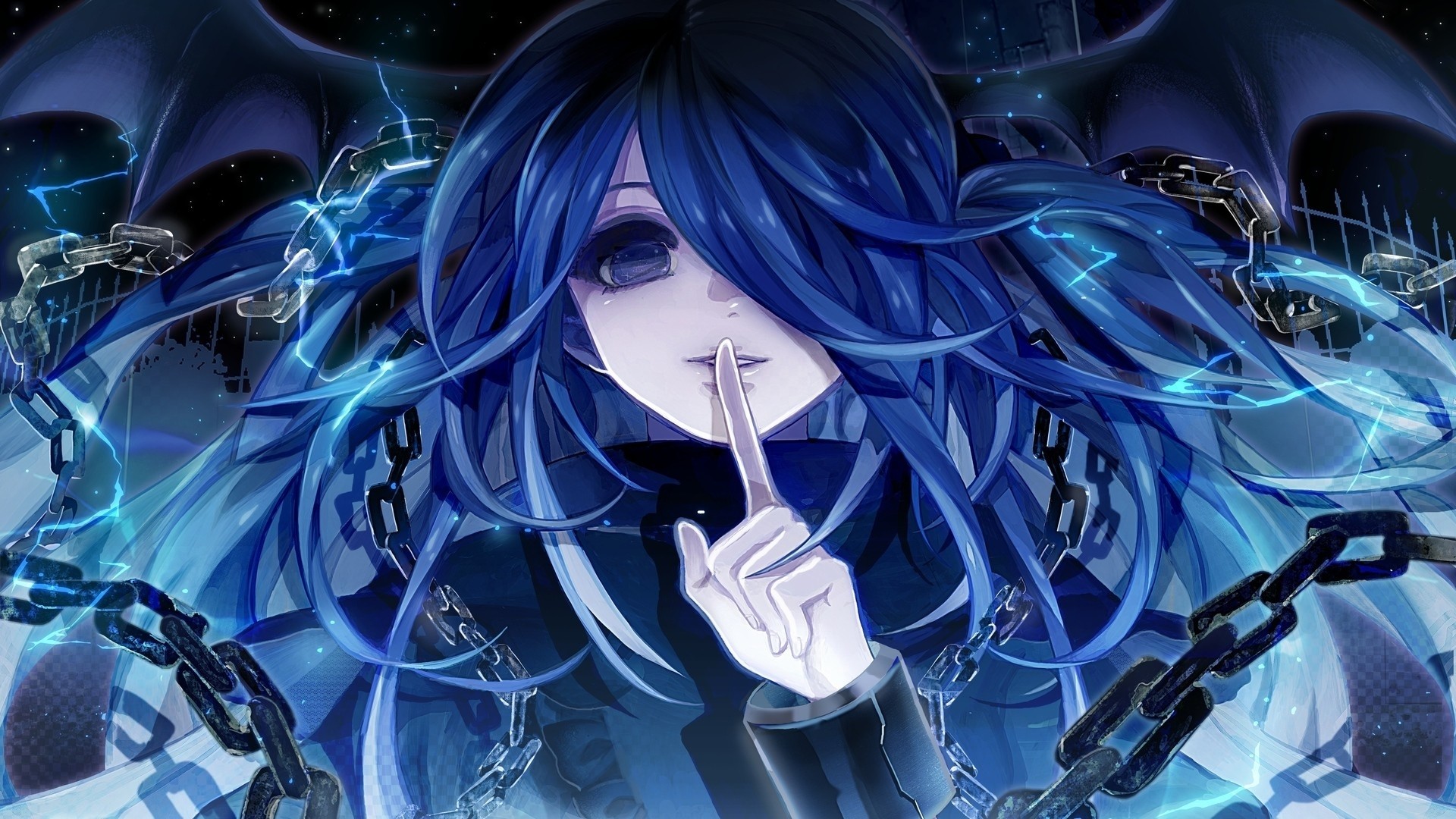 Ragazza anime, Catene, Capelli blu, Dark, Full HD, sfondo per PC