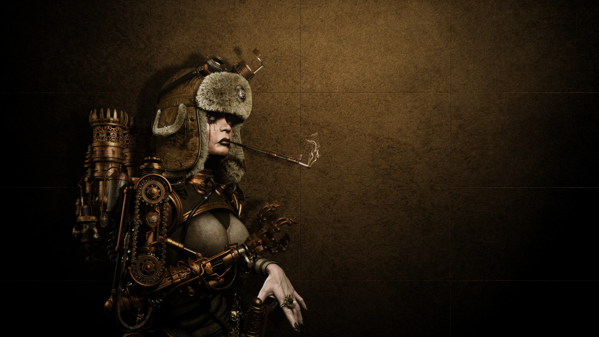 Donna, Zaino meccanico, Fumo, Steampunk, 1920x1080, immagine di sfondo