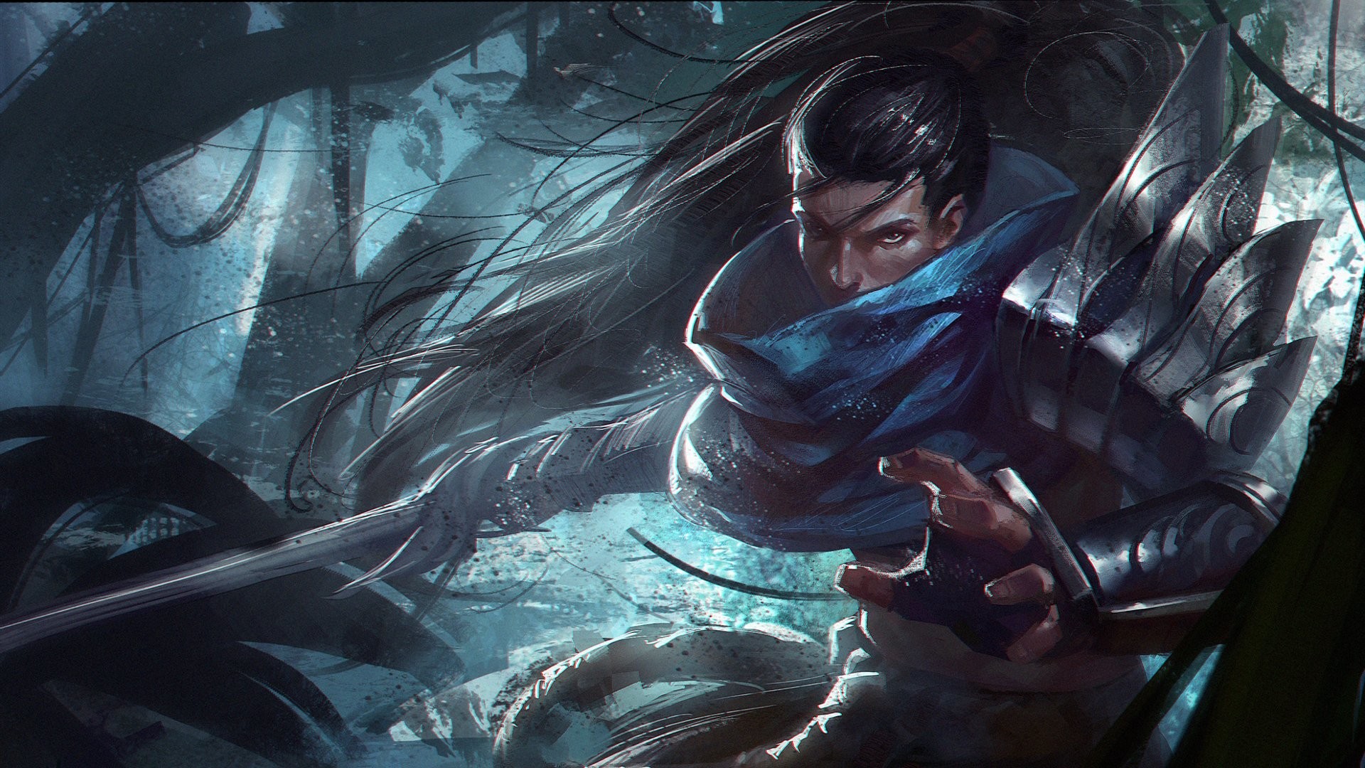 Yasuo, League of Legends, Spada, Blu scuro, 16:9 Full HD, wallpaper widescreen