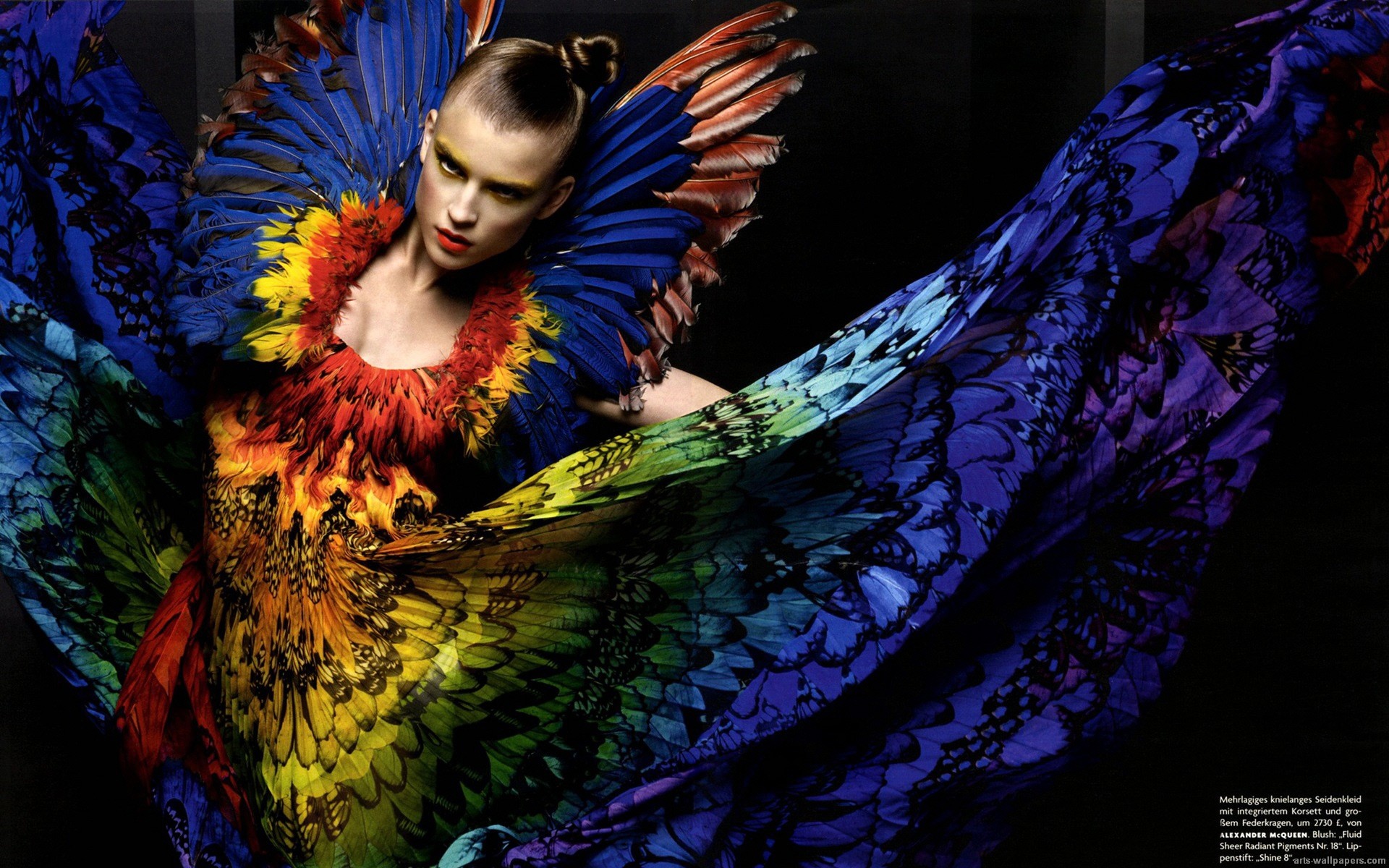 Modella, Abito di piume, Colori arcobaleno, Alta moda, Full HD, sfondo per PC