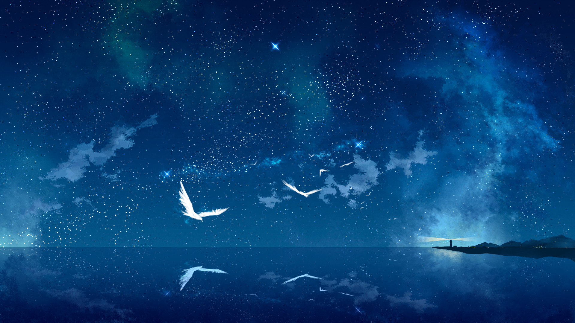 Cielo stellato, Gabbiani, Mare, Arte digitale, 16:9 Full HD, sfondo widescreen