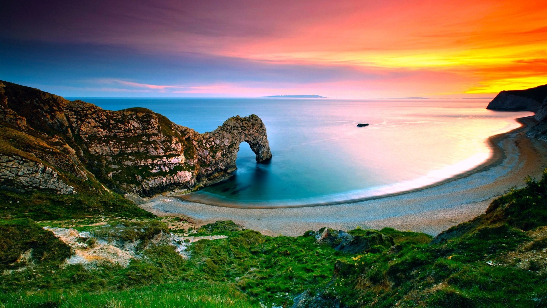 Durdle Door, Dorset, Arco naturale, Spiaggia, Tramonto, 16:9 Full HD, sfondo widescreen