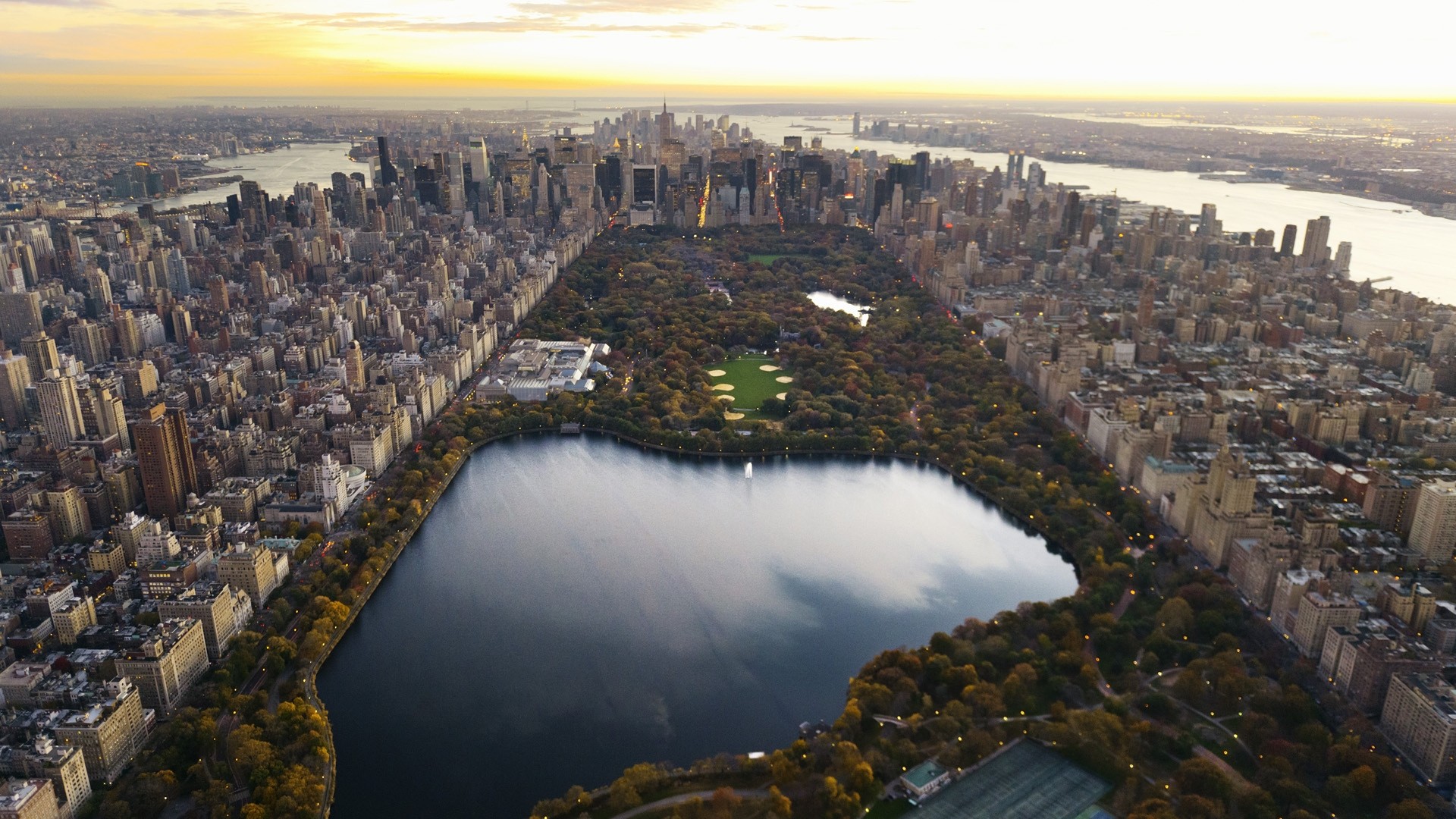 Central Park, Jacqueline Kennedy Onassis Reservoir, Manhattan, New York, Vista aerea, sfondo per PC