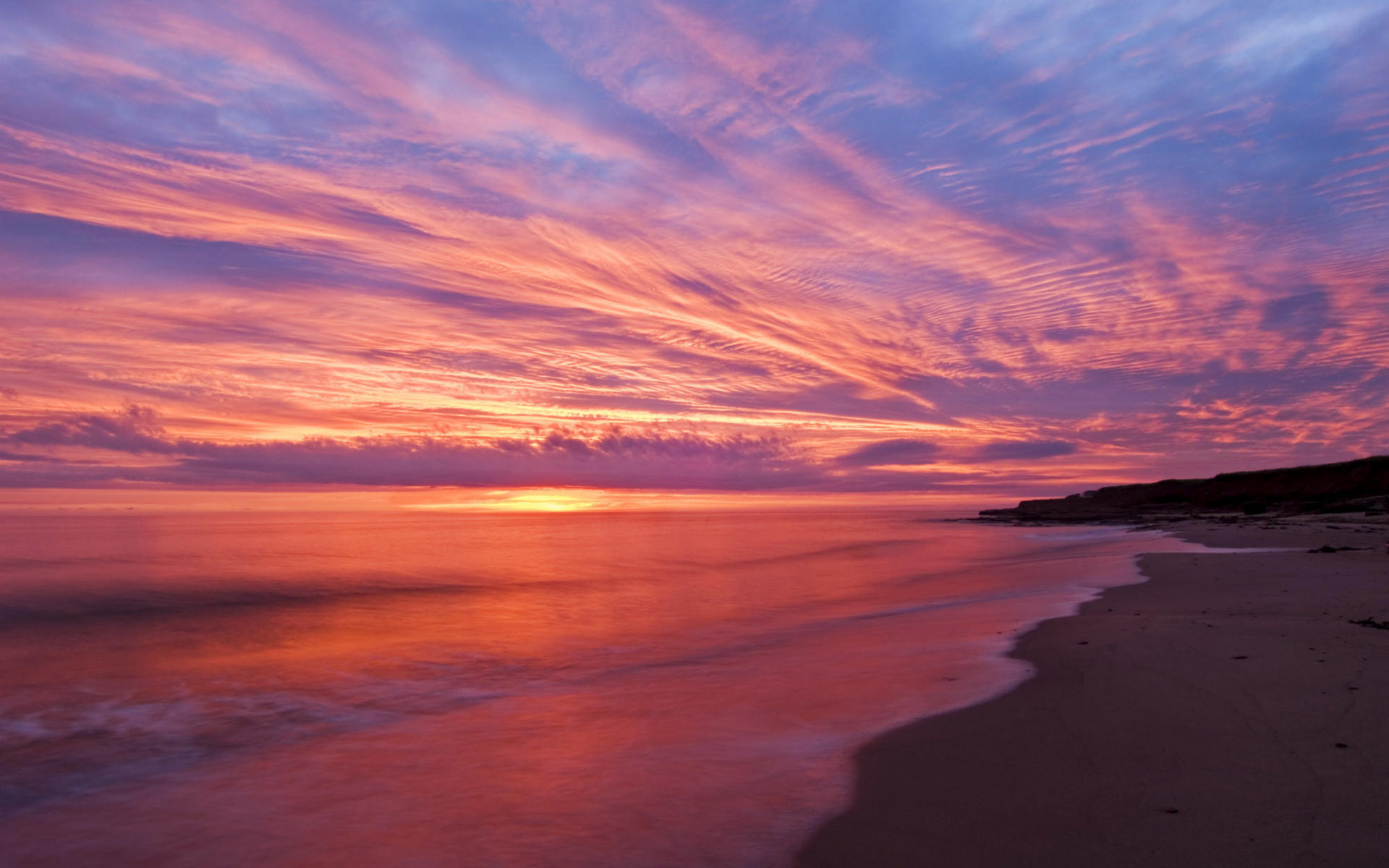 Spiaggia, Cielo rosa, Nuvole, Mare, Full HD, sfondo per PC