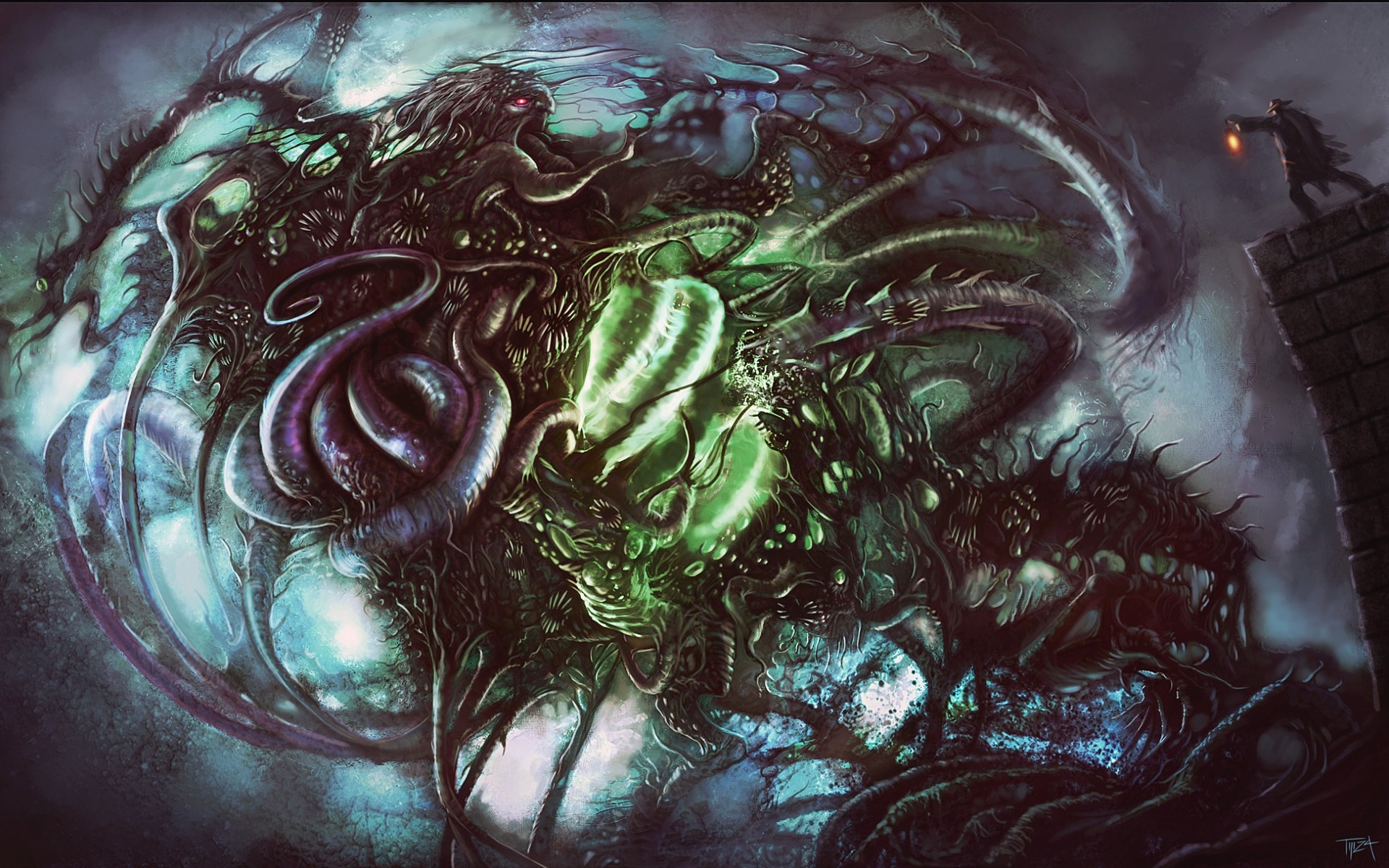 Cthulhu, Tentacoli, Verde, Illustrazione, 1920x1200, immagine di sfondo