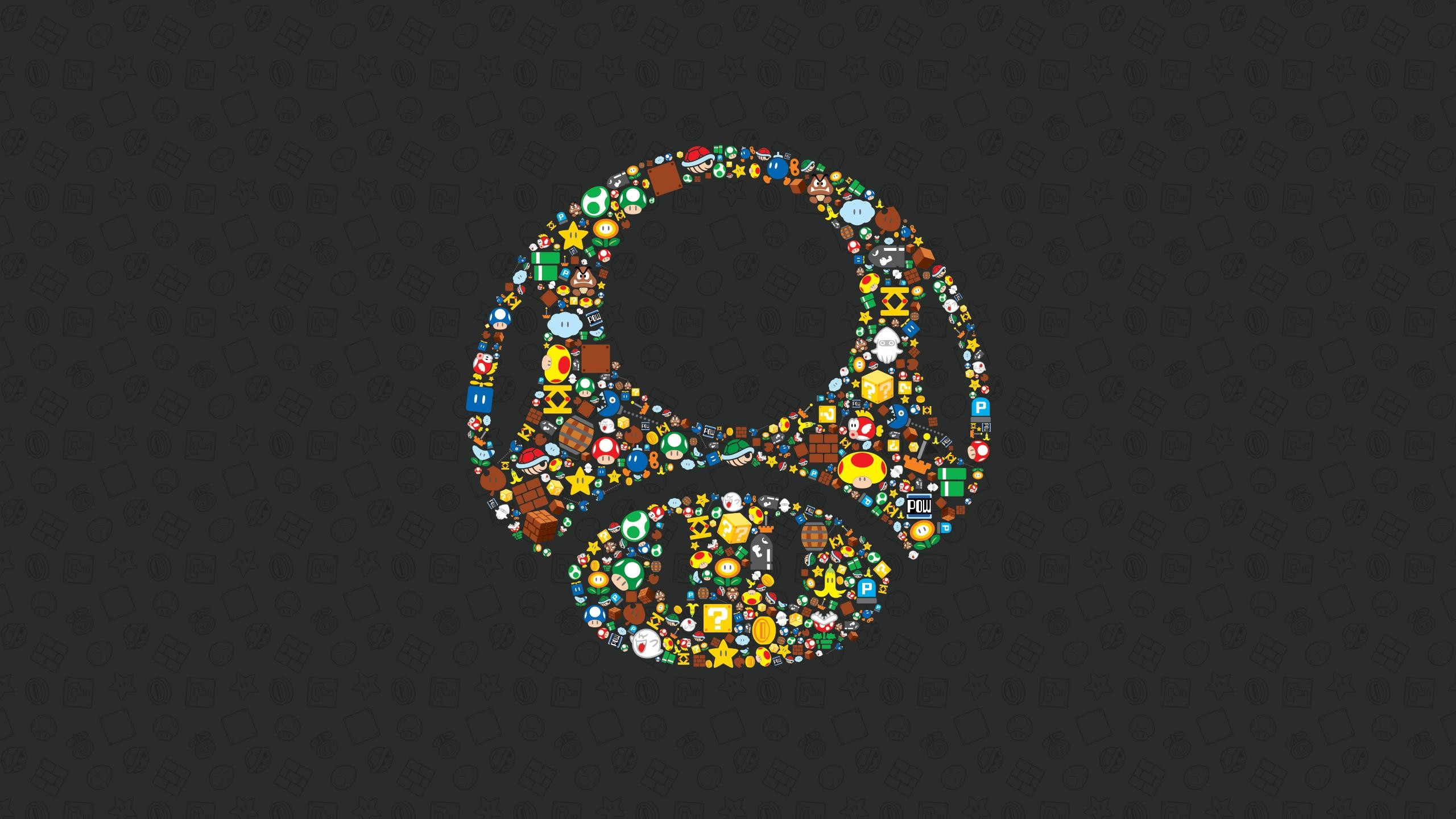 Super Mario, Super Fungo, Mosaico di icone, Sfondo grigio scuro, wallpaper per portatile