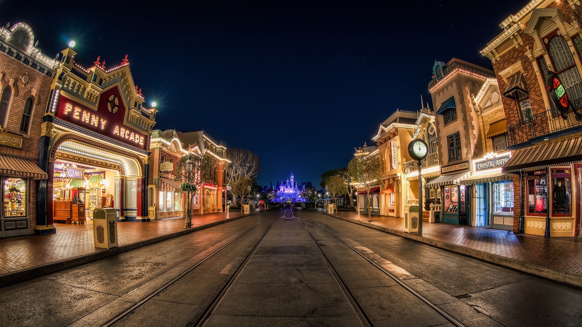 Main Street, U.S.A., Disneyland, Penny Arcade, Notte, 1920x1080, wallpaper desktop