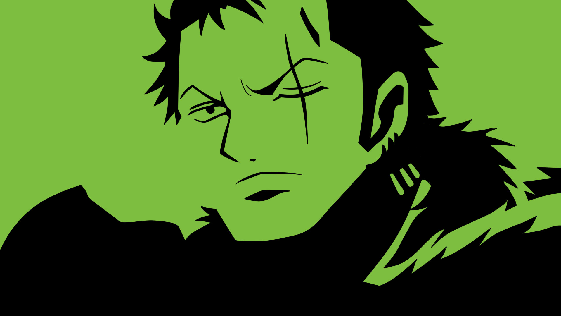Roronoa Zoro, One Piece, Cicatrice, Minimalista, Sfondo verde, Full HD, wallpaper per PC